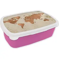 MuchoWow Broodtrommel Roze - Lunchbox - Brooddoos - Wereldkaart - Papyrus - Koper - 18x12x6 cm - Kinderen - Meisje