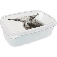 MuchoWow Broodtrommel Wit - Lunchbox - Brooddoos - Schotse hooglander - Koe - Zwart - Wit - 18x12x6 cm - Volwassenen
