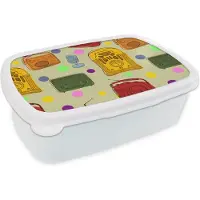 MuchoWow Broodtrommel Wit - Lunchbox - Brooddoos - Vintage - Radio - Microfoon - Patroon - 18x12x6 cm - Volwassenen