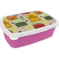 MuchoWow Broodtrommel Roze - Lunchbox - Brooddoos - Vintage - Radio - Microfoon - Patroon - 18x12x6 cm - Kinderen - Meisje
