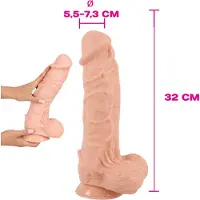 Realistixxx – Extra Large Zuignap Dildo met Extra Dikke Schacht Scrotum Uitvoering met Aders – 32 cm – beige - XXL Dildo
