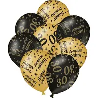 Paper Dreams Verjaardag ballonnen - 30 jaar en happy birthday 12x stuks zwart/goud