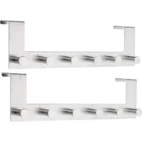 Hi Deurkapstok - Set van 2x stuks - 39 cm - RVS - 39 cm - rek met 6 ophanghaken - Handdoekenrek met haken voor aan de deur