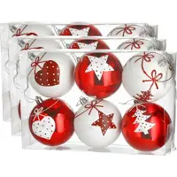 Cepewa 18x stuks gedecoreerde kerstballen rood en wit kunststof diameter 6 cm - Kerstboom versiering