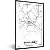PosterMonkey Fotolijst incl. Poster Zwart Wit- België – Borgloon – Stadskaart – Kaart – Zwart Wit – Plattegrond - 60x90 cm - Posterlijst