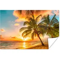 PosterMonkey Poster Zonsondergang - Palmboom - Wolken - Zee - Strand - 120x80 cm