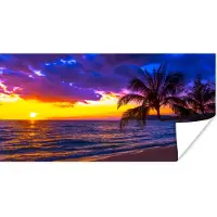 PosterMonkey Poster Palmboom - Paars - Zonsondergang - Strand - Zee - 80x40 cm