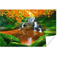 PosterMonkey Poster Natuur - Waterval - Stenen - Mos - Bladeren - Groen - 180x120 cm XXL