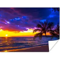 PosterMonkey Poster Palmboom - Paars - Zonsondergang - Strand - Zee - 40x30 cm
