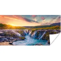PosterMonkey Poster Waterval - Planten - Mos - Landschap - Zonsondergang - Rots - 40x20 cm - Kerstversiering - Kerstdecoratie voor binnen - Kerstmis