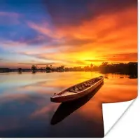 PosterMonkey Poster Boot - Water - Zonsondergang - Oranje - Water - 100x100 cm XXL - Kerstversiering - Kerstdecoratie voor binnen - Kerstmis