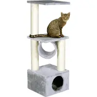 Flamingo Krabpaal – Baretti Grijs & Ecru – 35x35x103 cm – krabpaal met tunnel, huisje & ligplateaus – stijlvolle kattenboom – voor alle kattenrassen