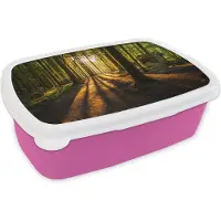 MuchoWow Broodtrommel Roze - Lunchbox - Brooddoos - Zon - Bomen - Bos - Landschap - Natuur - 18x12x6 cm - Kinderen - Meisje