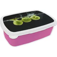 MuchoWow Broodtrommel Roze - Lunchbox - Brooddoos - Appels - Fruit - Water - Zwart - Groen - 18x12x6 cm - Kinderen - Meisje