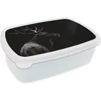 MuchoWow Broodtrommel Wit - Lunchbox - Brooddoos - Hert - Zwart - Portret - Gewei - Dieren - 18x12x6 cm - Volwassenen