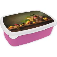 MuchoWow Broodtrommel Roze - Lunchbox - Brooddoos - Rustiek - Mand - Fruit - Stilleven - 18x12x6 cm - Kinderen - Meisje