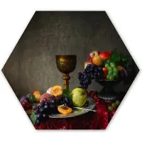 MuchoWow Hexagon wanddecoratie - Kunststof Wanddecoratie - Hexagon Schilderij - Rustiek - Tafel - Fruit - Stilleven - Beker - 37x32 cm - Kerstdecoratie in huis - Kerstmis