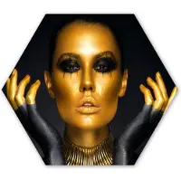 MuchoWow Hexagon wanddecoratie - Kunststof Wanddecoratie - Hexagon Schilderij - Vrouw - Portret - Goud - Luxe - Zwart - 37x32 cm