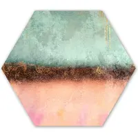 MuchoWow Hexagon wanddecoratie - Kunststof Wanddecoratie - Hexagon Schilderij - Goud - Verf - Abstract - Groen - Roze - 37x32 cm
