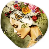 MuchoWow Organische wanddecoratie 90x90 cm - Organisch schilderij Vrouw - Bloemen - Kleuren - Vlinders - Rozen - Hoofddoek - Muurdecoratie woonkamer - Kamer decoratie - Schilderijen - Muurcirkel aesthetic