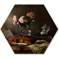MuchoWow Hexagon wanddecoratie - Kunststof Wanddecoratie - Hexagon Schilderij - Viool - Rozen - Roze - Bloemen - Stilleven - 75x65 cm