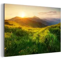 MuchoWow Wanddecoratie Metaal - Aluminium Schilderij Industrieel - Gras - Heuvels - Zon - Natuur - Landschap - 150x100 cm - Dibond - Foto op aluminium - Industriële muurdecoratie - Voor de woonkamer/slaapkamer