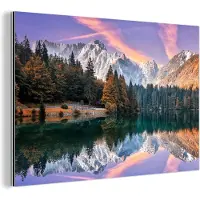 MuchoWow Wanddecoratie Metaal - Aluminium Schilderij Industrieel - Bergen - Bos - Water - Lucht - Roze - Paars - 60x40 cm - Dibond - Foto op aluminium - Industriële muurdecoratie - Voor de woonkamer/slaapkamer