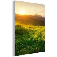 MuchoWow Wanddecoratie Metaal - Aluminium Schilderij Industrieel - Gras - Heuvels - Zon - Natuur - Landschap - 120x160 cm - Dibond - Foto op aluminium - Industriële muurdecoratie - Voor de woonkamer/slaapkamer