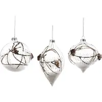 Goodwill Kerstbal met Denneappeltje Glas Transparant-Bruin-Wit 10 cm Voordeel Ass. Per 3 Stuks