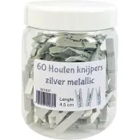 Benza Houten Kerst knijper wasknijpers Wenskaart - zilver 4,5 cm - 60 stuks