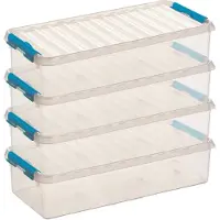 Sunware 4x q-line opberg box/opbergdoos - 6.5 liter - 48 x 19 x 10 cm - kunststof - opslagbox - transparant/blauw