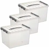 Sunware 3x q-line opberg box/opbergdoos - 22 liter - 40 x 30 x 26 cm - kunststof - opslagbox - transparant/zilver