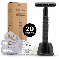 Bamboozy Safety Razor + Houder + 20 Scheermesjes Aluminium Deep Black Zwart Unisex Scheermes