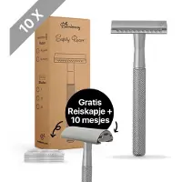 Bamboozy Safety Razor + 10 scheermesjes en Reiskapje Mat Zilver Chrome Unisex Mannen en Vrouwen Double Edge Single Blade Zero Waste Scheren