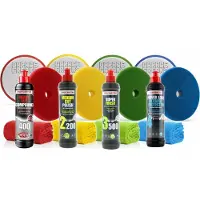 Menzerna polijst pakket 250 ml bestaande uit; Heavy Compound 400, Medium cut polish 2200, Super Finish 3500, PowerLock 4, 4 Pads 150mm Garage Freaks, 4 Poetsdoekjes 40x40 550 gsm