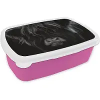 MuchoWow Broodtrommel Roze - Lunchbox - Brooddoos - Schotse Hooglander - Koe - Portret - Dieren - Zwart - Wit - 18x12x6 cm - Kinderen - Meisje
