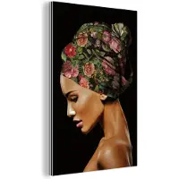 MuchoWow Wanddecoratie Metaal - Aluminium Schilderij Industrieel - Vrouw - Hoofddoek - Bloemen - 60x90 cm - Dibond - Foto op aluminium - Industriële muurdecoratie - Voor de woonkamer/slaapkamer