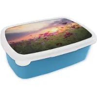 MuchoWow Broodtrommel Blauw - Lunchbox - Brooddoos - Bloemen - Roze - Zonsondergang - Natuur - Weide - Horizon - 18x12x6 cm - Kinderen - Jongen