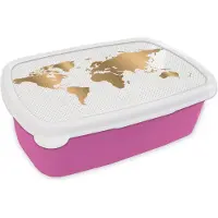MuchoWow Broodtrommel Roze - Lunchbox - Brooddoos - Wereldkaart - Goud - Stippen - Kinderen - Jongens - Meiden - 18x12x6 cm - Kinderen - Meisje