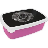 MuchoWow Broodtrommel Roze - Lunchbox - Brooddoos - Bloemen - Roos - Zwart - Wit - Botanisch - 18x12x6 cm - Kinderen - Meisje