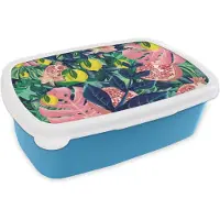 MuchoWow Broodtrommel Blauw - Lunchbox - Brooddoos - Bloemen - Fruit - Kleuren - 18x12x6 cm - Kinderen - Jongen