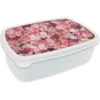MuchoWow Broodtrommel Wit - Lunchbox - Brooddoos - Bloemen - Roze - Rozen - 18x12x6 cm - Volwassenen