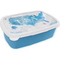 MuchoWow Broodtrommel Blauw - Lunchbox - Brooddoos - Verenigde Staten - Wereldkaart - Waterverf - 18x12x6 cm - Kinderen - Jongen