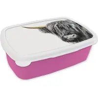 MuchoWow Broodtrommel Roze - Lunchbox - Brooddoos - Schotse hooglander - Wit - Black & gold - 18x12x6 cm - Kinderen - Meisje
