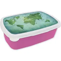 MuchoWow Broodtrommel Roze - Lunchbox - Brooddoos - Wereldkaart - Perkament - Groen - Kindje - Jongens - Meisjes - 18x12x6 cm - Kinderen - Meisje