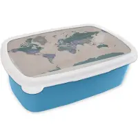 MuchoWow Broodtrommel Blauw - Lunchbox - Brooddoos - Wereldkaart - Vintage - Paars - Kind - Meiden - Jongens - 18x12x6 cm - Kinderen - Jongen