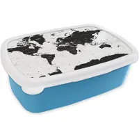 MuchoWow Broodtrommel Blauw - Lunchbox - Brooddoos - Wereldkaart - Zwart - Wit - Atlas - Aarde - Educatief - 18x12x6 cm - Kinderen - Jongen