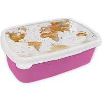MuchoWow Broodtrommel Roze - Lunchbox - Brooddoos - Wereldkaart - Bruin - Verf - 18x12x6 cm - Kinderen - Meisje