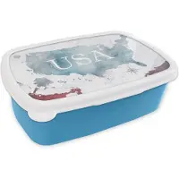 MuchoWow Broodtrommel Blauw - Lunchbox - Brooddoos - Wereldkaart - Verenigde Staten - Olieverf - 18x12x6 cm - Kinderen - Jongen