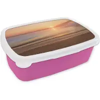 MuchoWow Broodtrommel Roze - Lunchbox - Brooddoos - Strand - Zee - Roze - Zonsondergang - 18x12x6 cm - Kinderen - Meisje